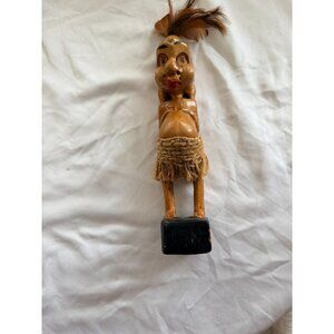 Hand-Carved Wooden Tribal Figurine With Feather Accent & Woven Skirt